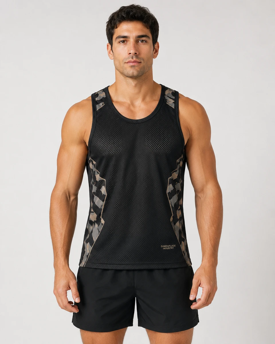 Front view of custom unisex athletic tank top manufactured for private label sportswear brands
