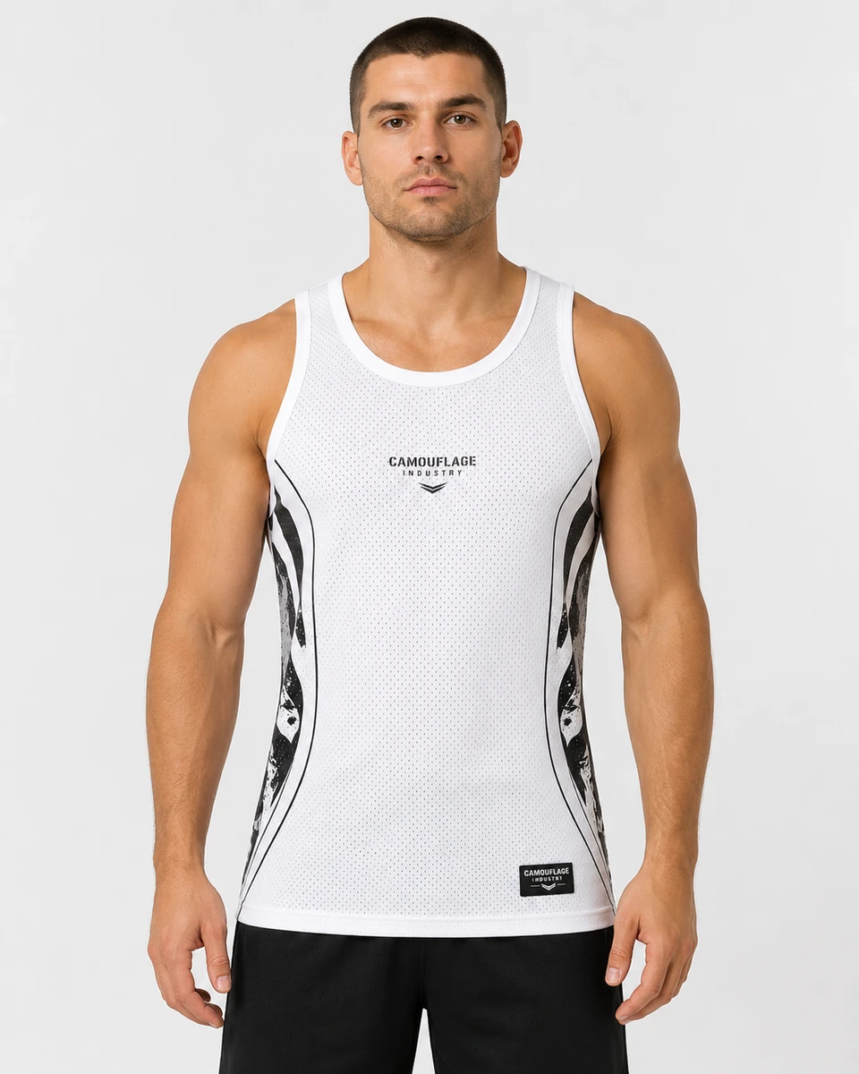 Front view of custom Men fitness tank top manufactured for private label activewear brands