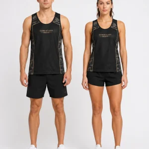Front view of custom unisex performance tank top manufactured for private label sportswear brands