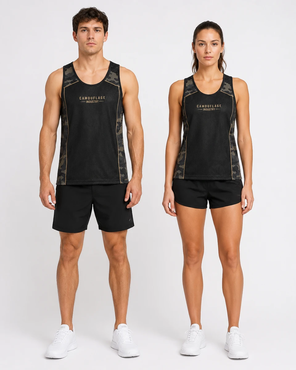 Front view of custom unisex performance tank top manufactured for private label sportswear brands