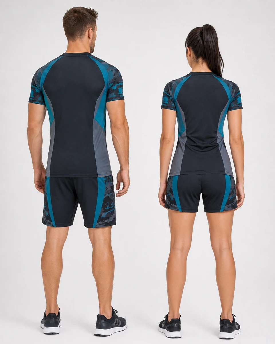 Back view of custom unisex performance activewear set