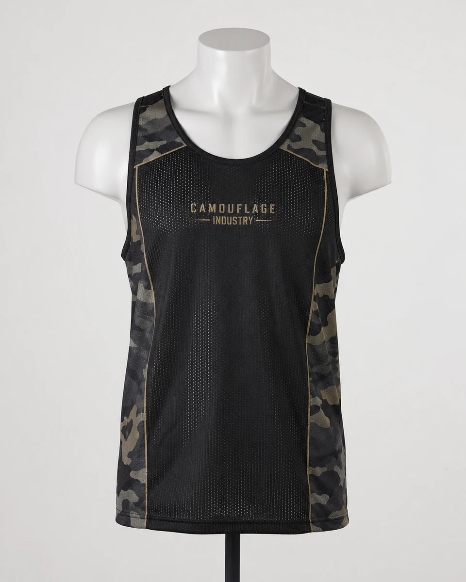 Front view of custom unisex performance tank top manufactured for private label sportswear brands