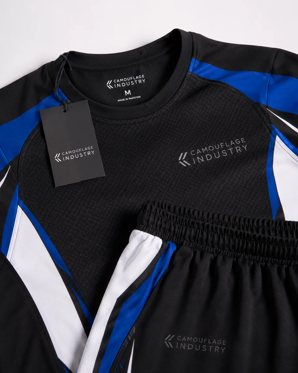 Flat lay of custom sports t-shirt and shorts set