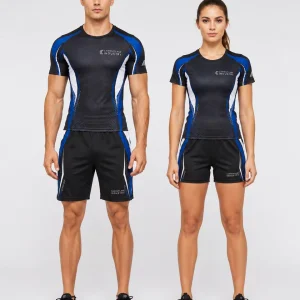 Male and female models wearing custom unisex performance activewear set
