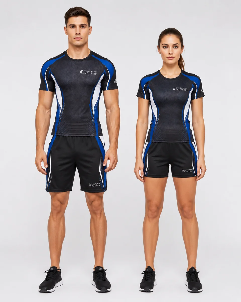 Male and female models wearing custom unisex performance activewear set