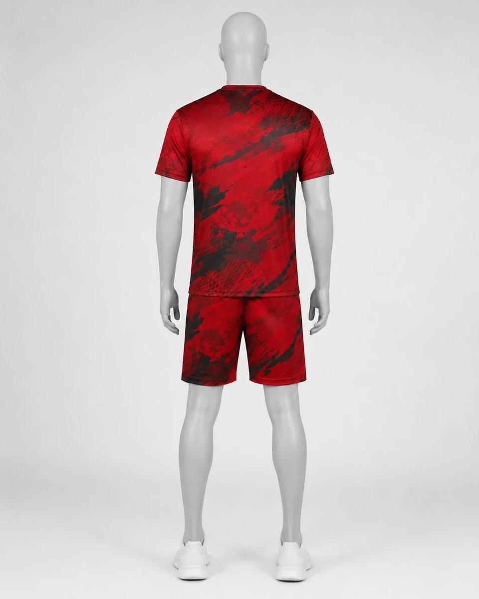 Rear model view of red black private label gym wear