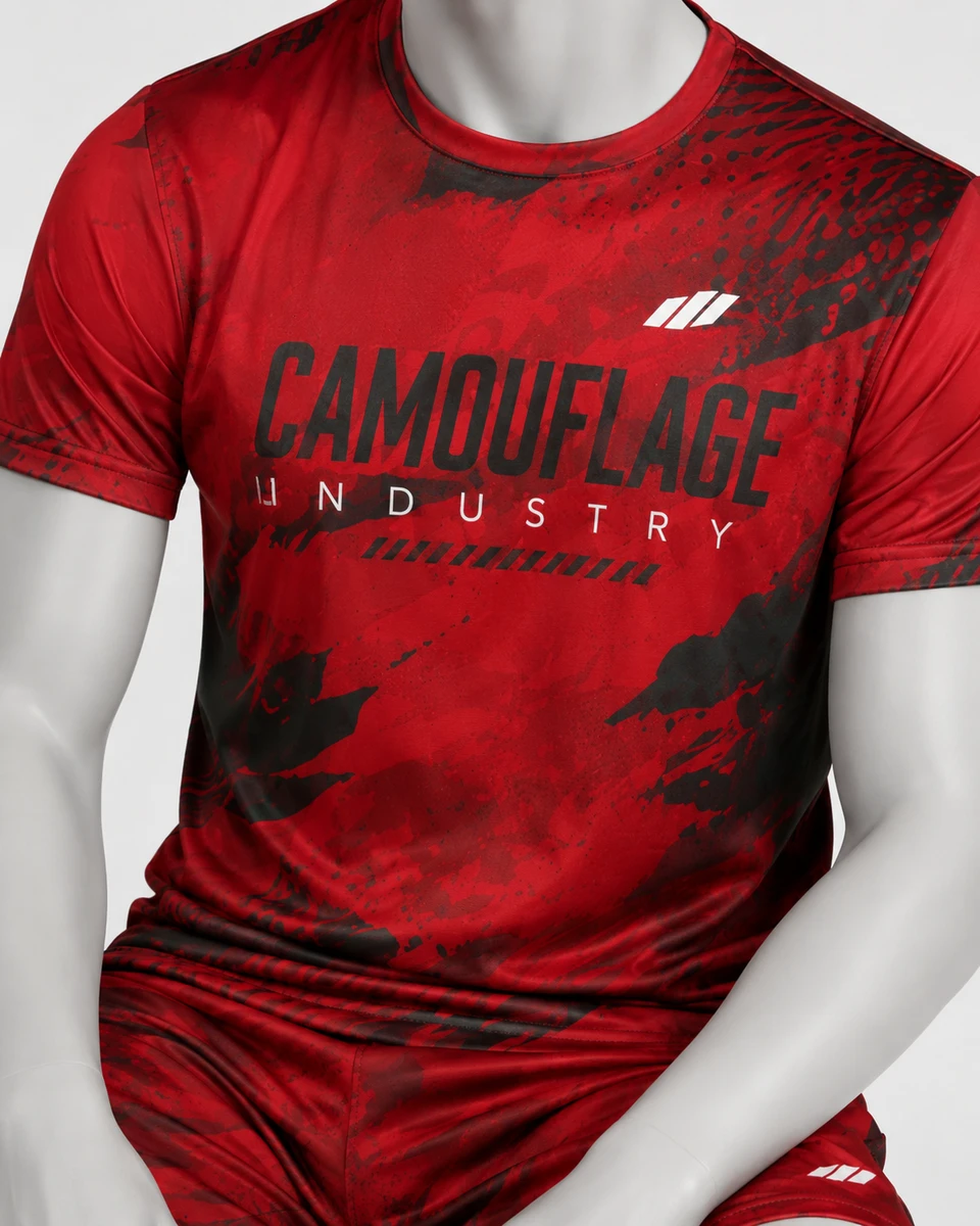 Close-up of premium stretch fabric used in red and black gym wear