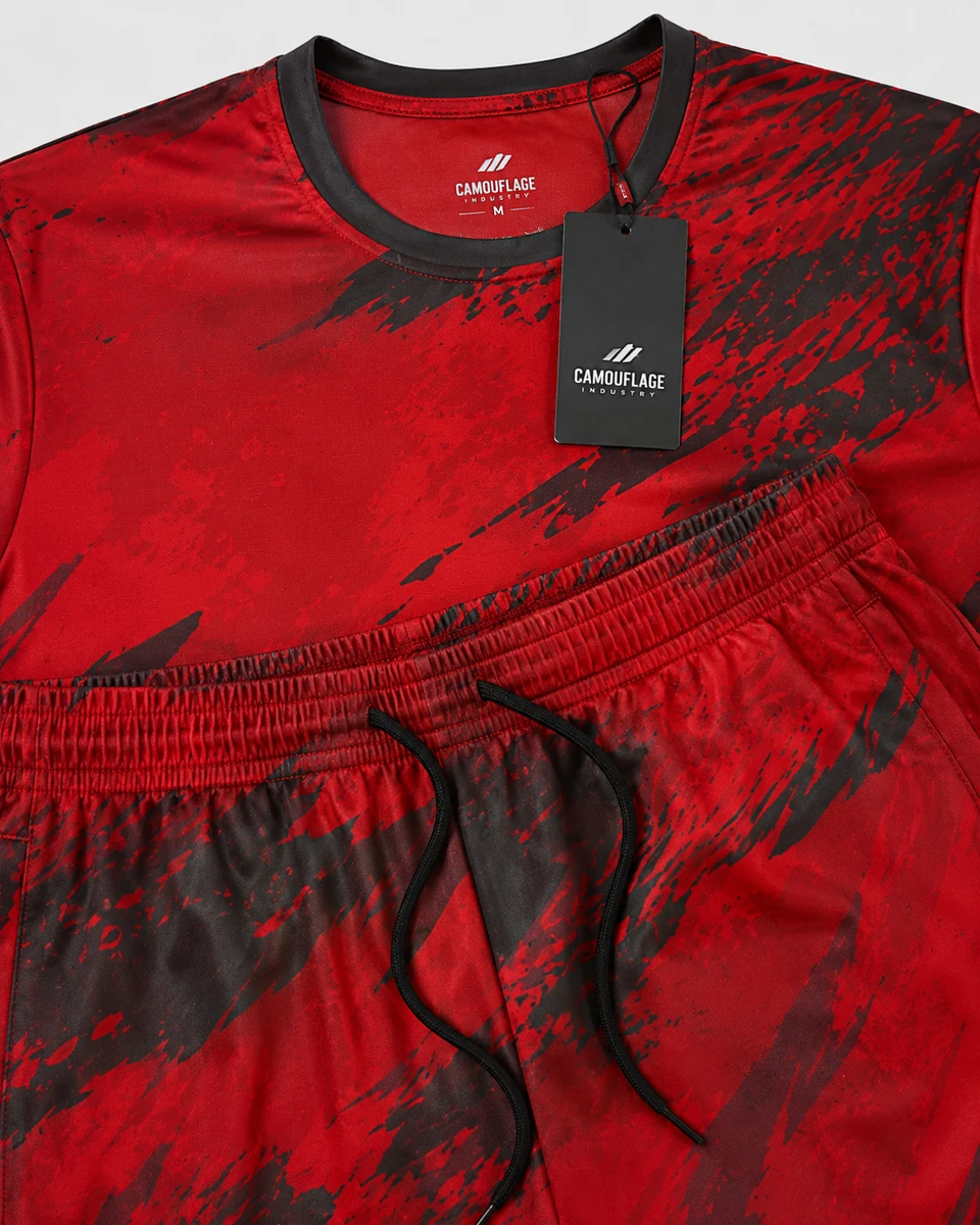 Custom logo branding on red black gym wear set
