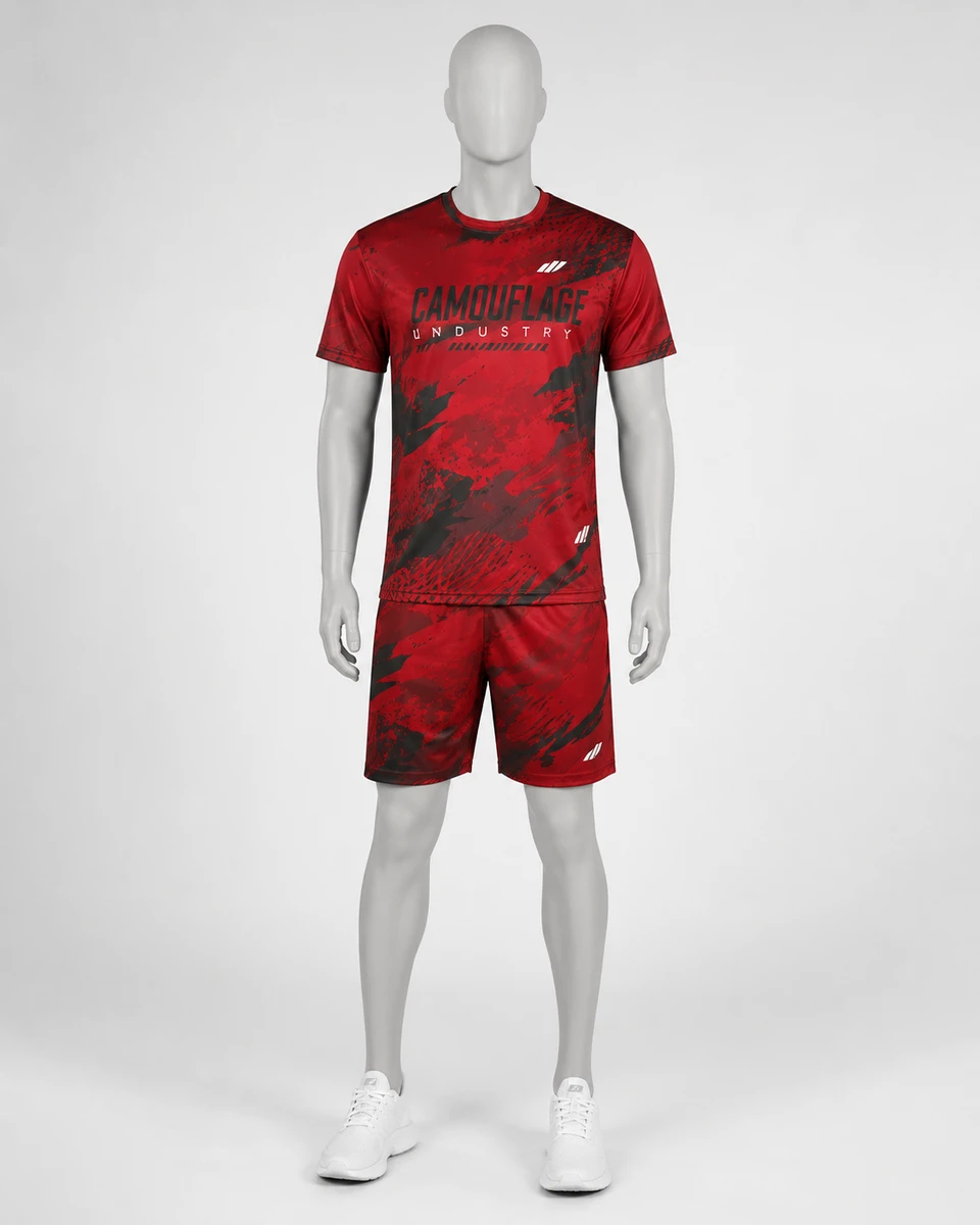 Male and Female model wearing red and black custom gym wear set