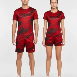 Male and Female model wearing red and black custom gym wear set