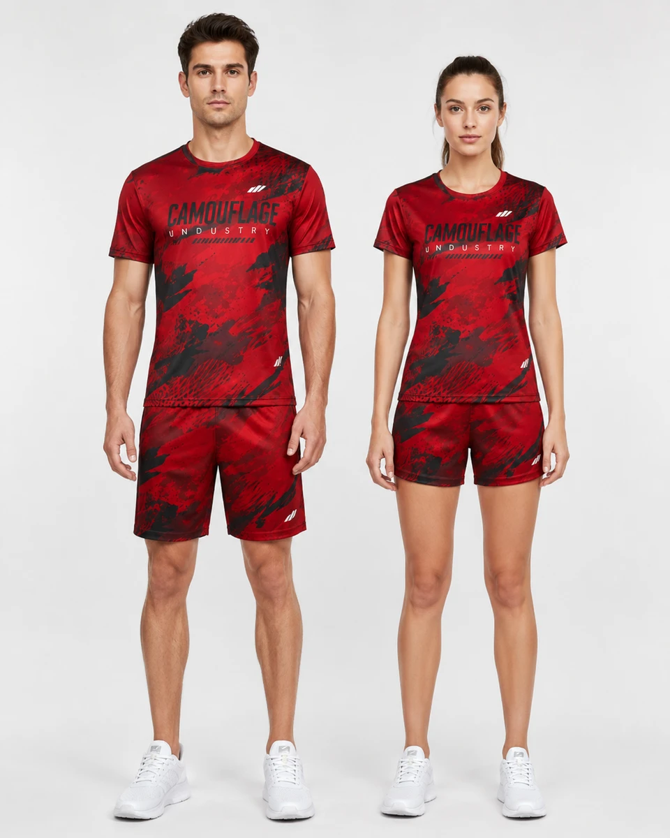 Male and Female model wearing red and black custom gym wear set