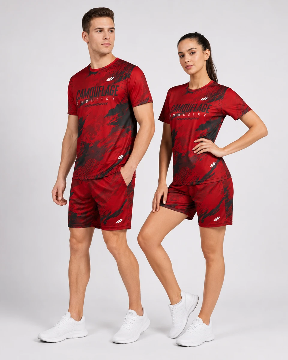 Front view of custom red and black unisex color block gym wear set