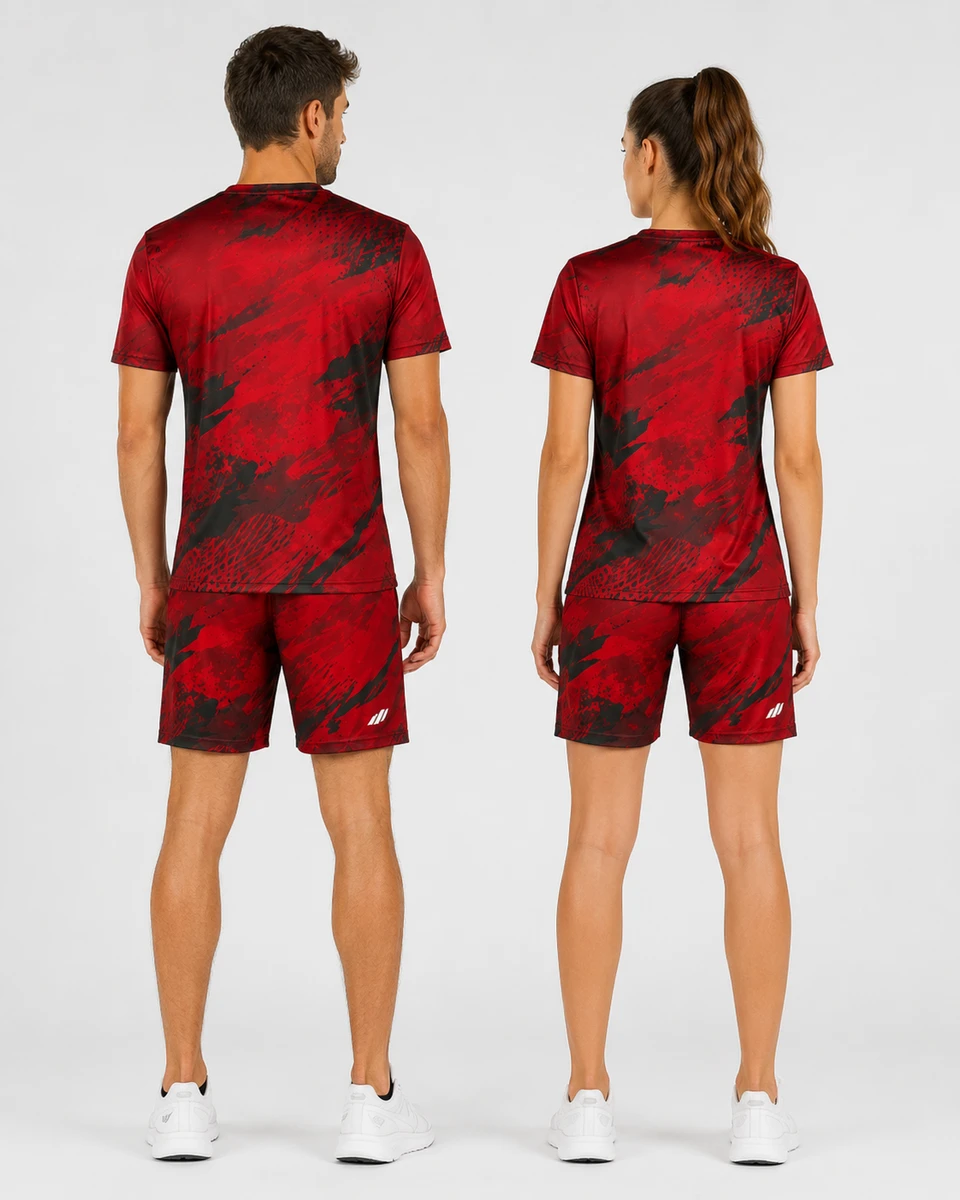 Rear model view of red black private label gym wear