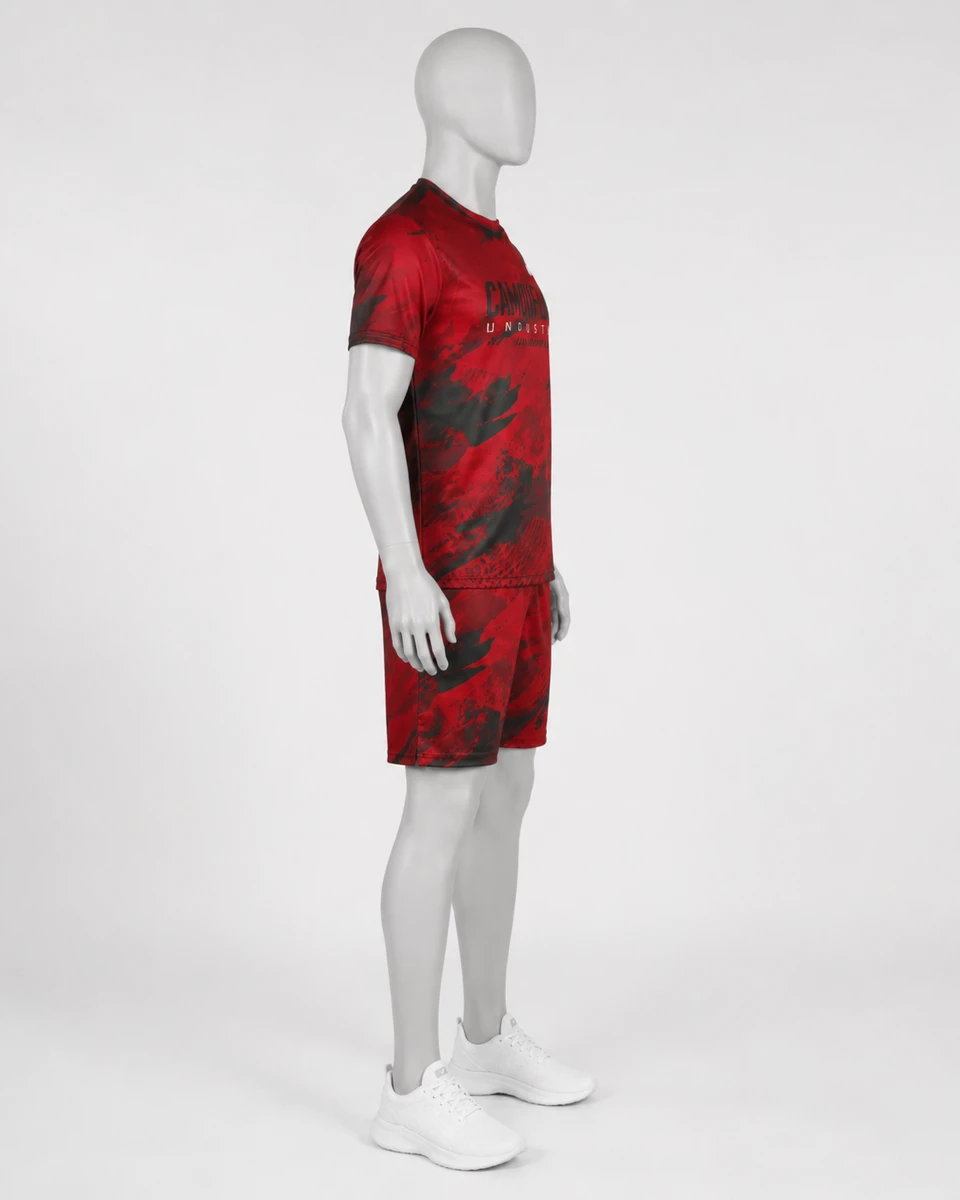 Side profile of custom red and black gym wear set