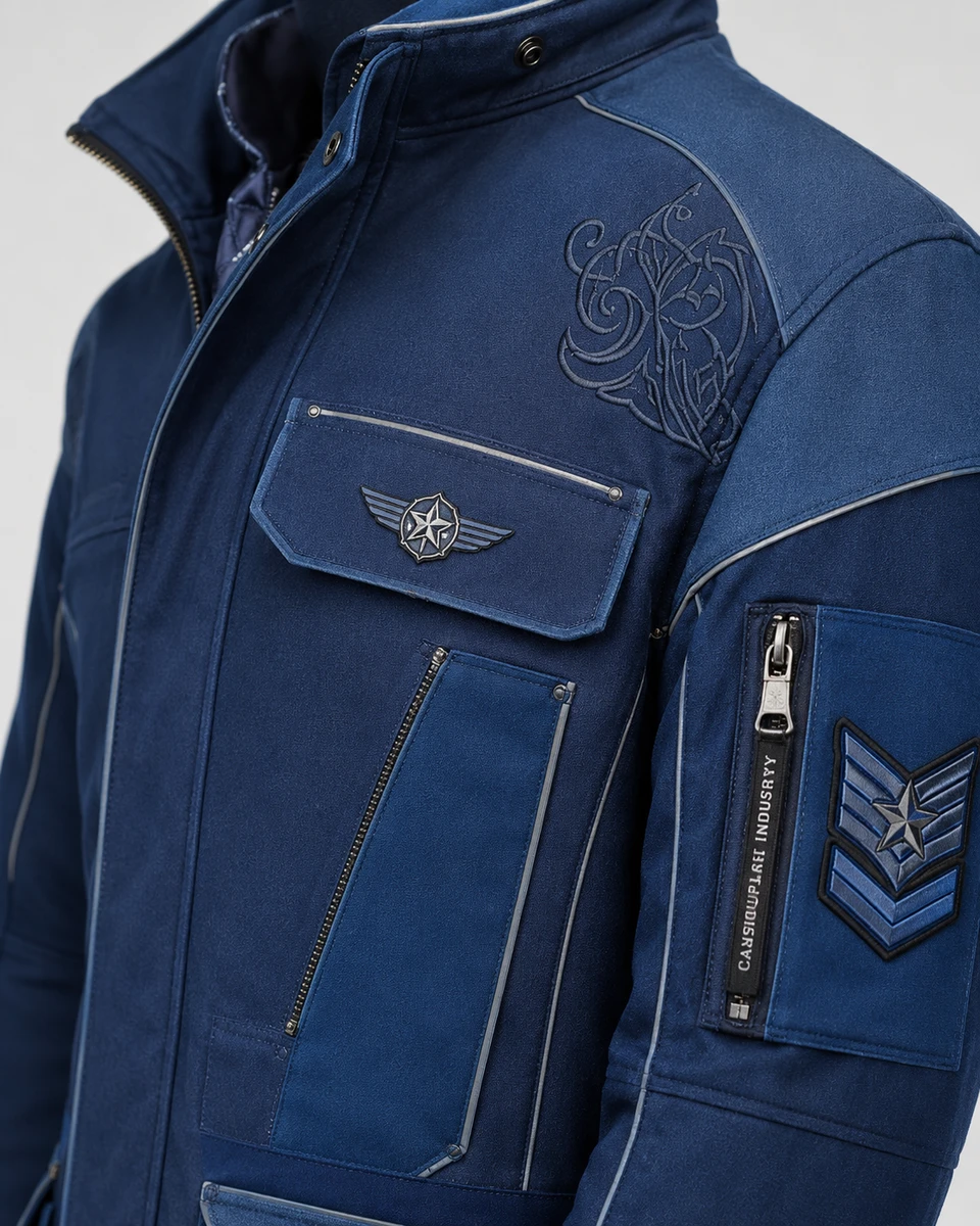 Close-up of zipper, stitching, fabric, and utility details on aviation field jacket