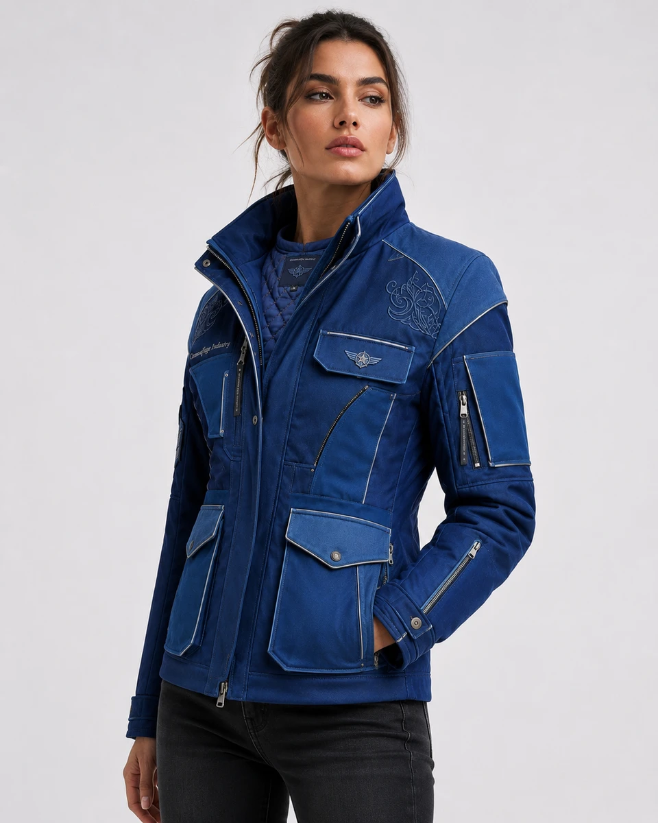 Side profile of custom aviation utility field jacket with functional pocket details