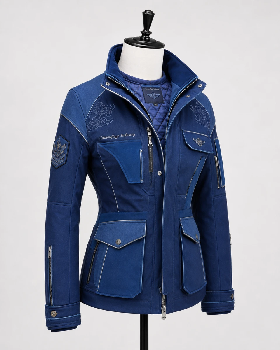 Side profile of custom aviation utility field jacket with functional pocket details