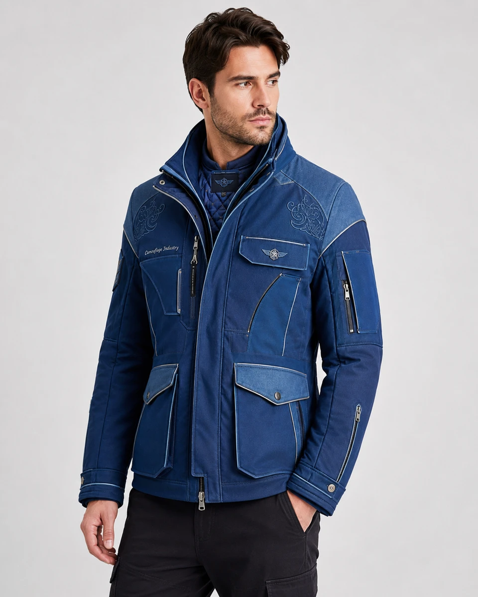 Side profile of custom aviation utility field jacket with functional pocket details