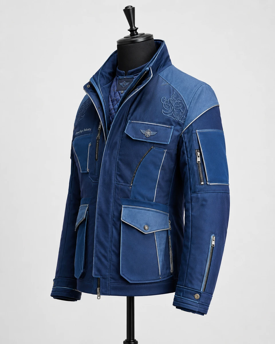 Side profile of custom aviation utility field jacket with functional pocket details