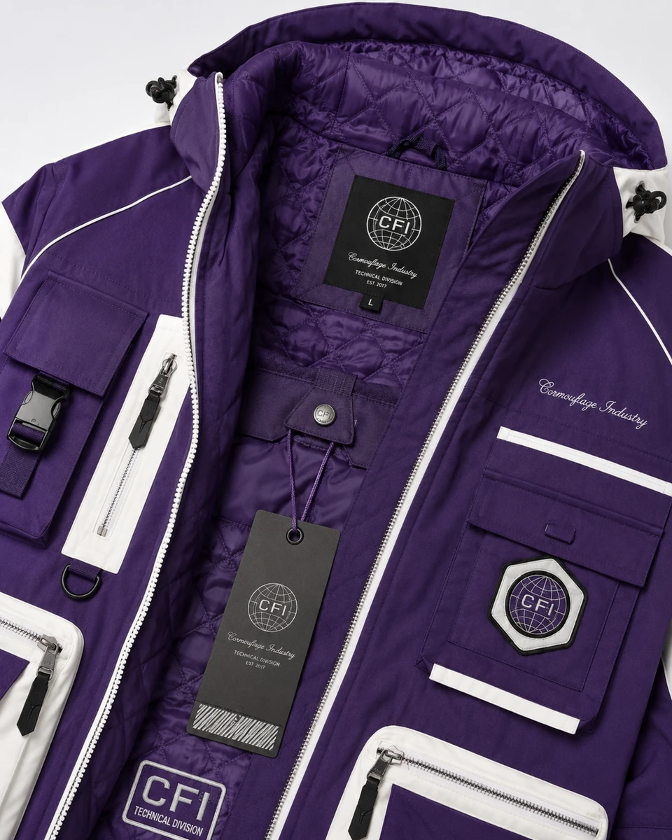 Custom embroidery and woven branding on Techwear jacket
