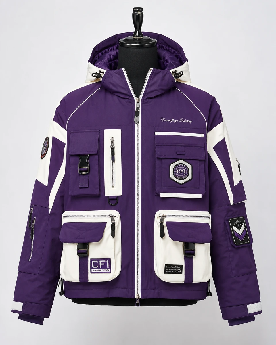 Front view of custom Techwear jacket manufactured for private label outdoor apparel brands