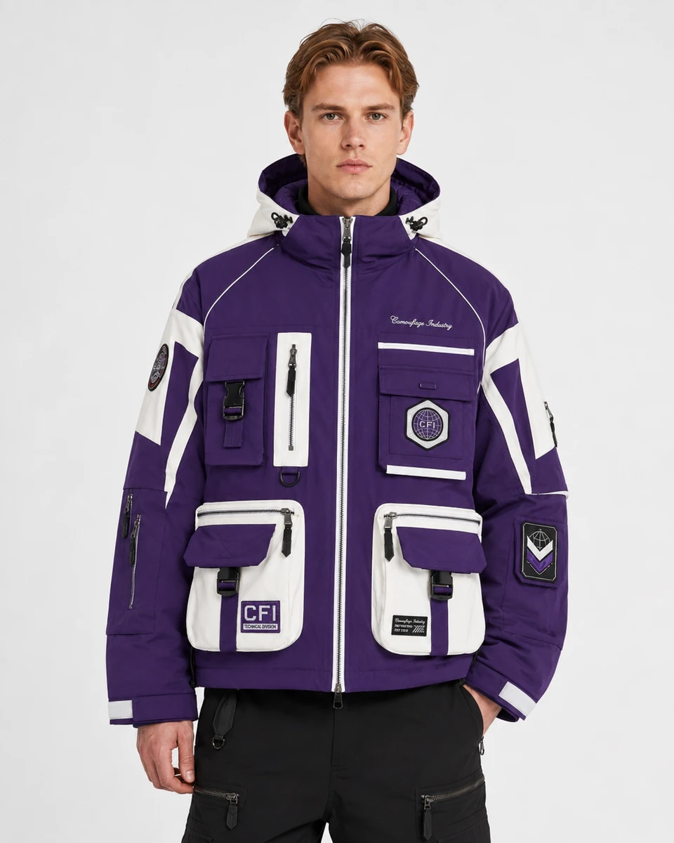 Front view of custom Techwear jacket manufactured for private label outdoor apparel brands