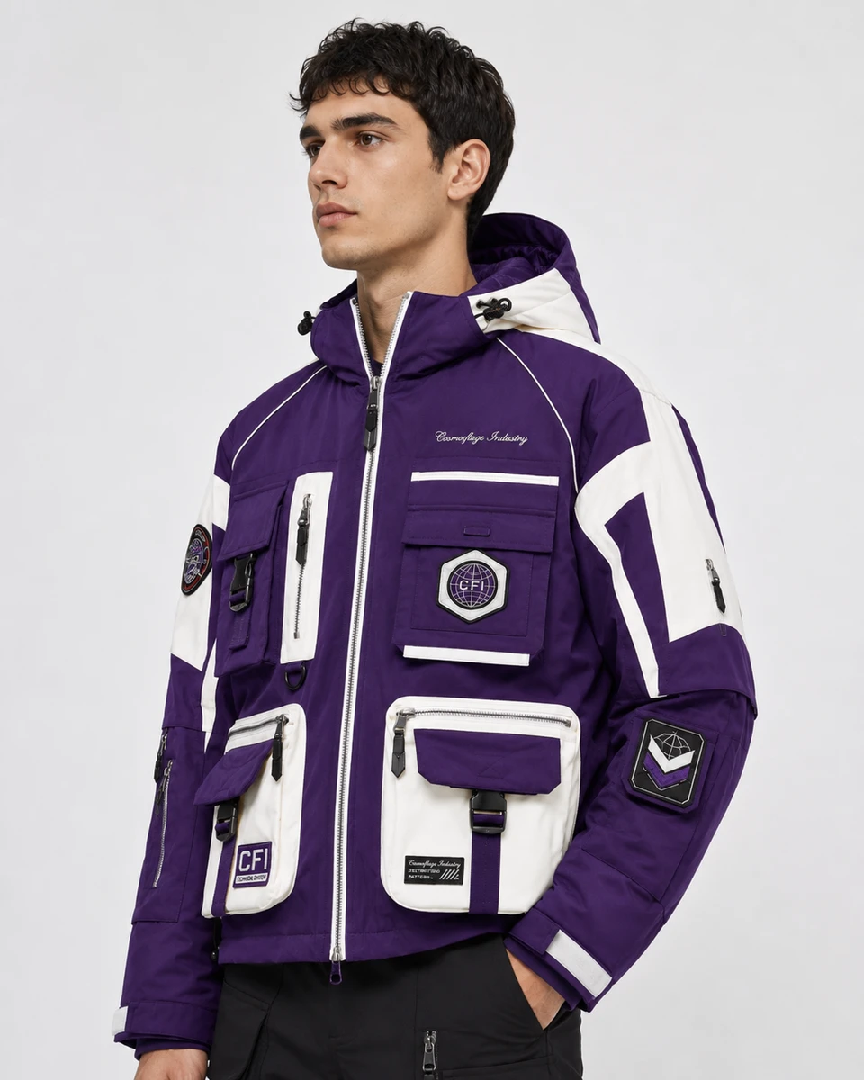 Side profile of custom Techwear Jacket for private label clothing brands