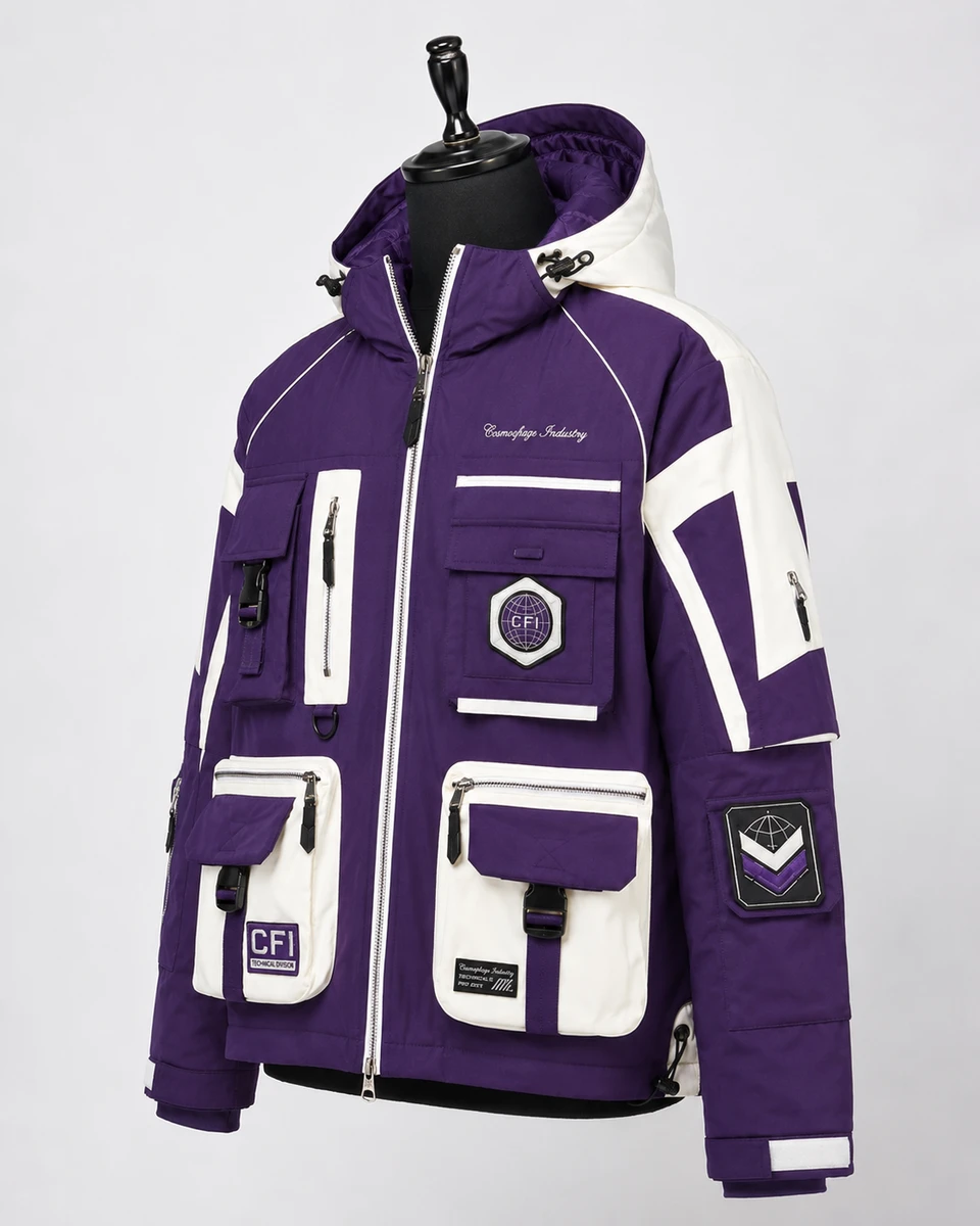 Side profile of custom Techwear Jacket for private label clothing brands
