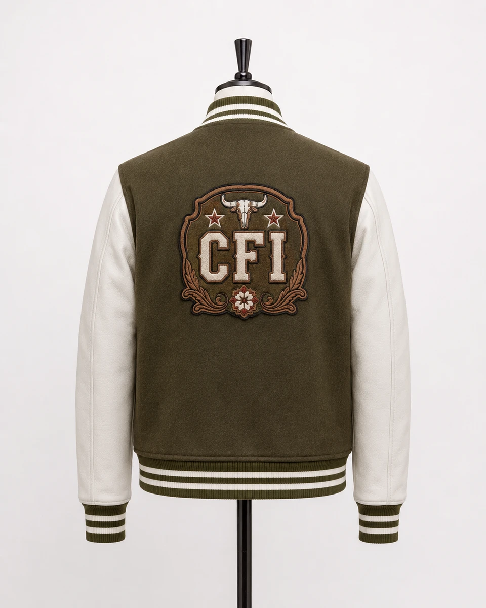 Rear view highlighting the jacket's classic varsity construction and customizable back panel.