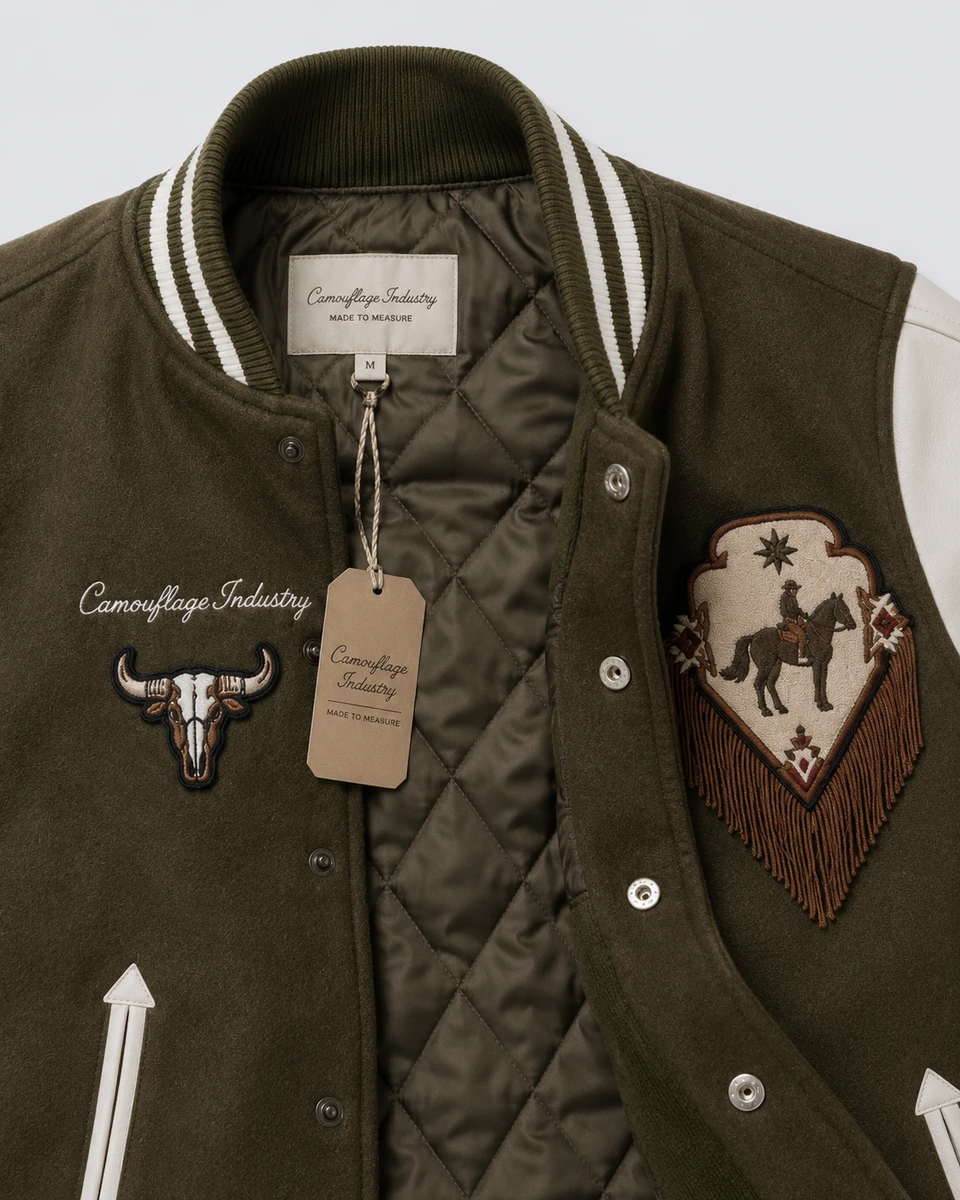 Custom embroidered branding on private label varsity jacket