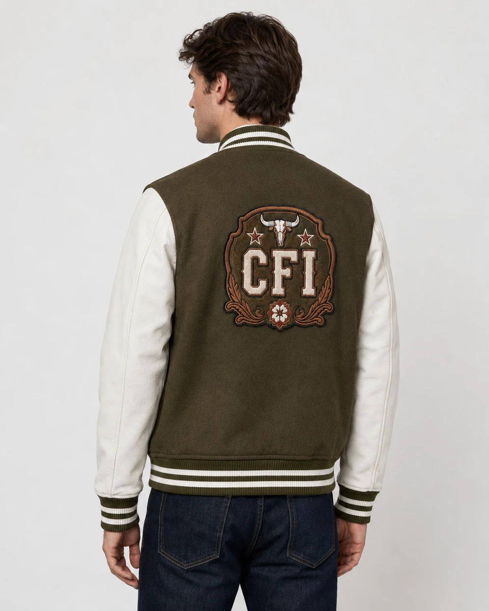 Rear view highlighting the jacket's classic varsity construction and customizable back panel.