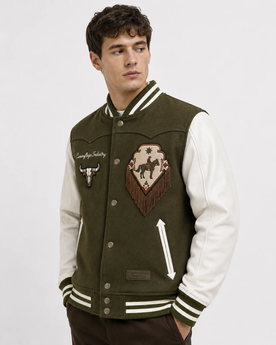 Side profile of custom embroidered varsity jacket with ribbed detailing