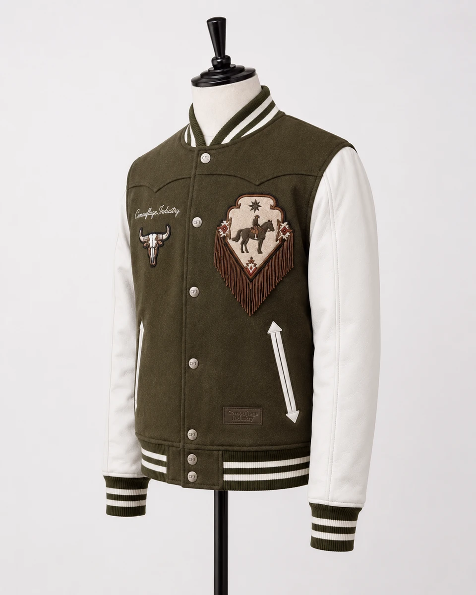 Side profile of custom embroidered varsity jacket with ribbed detailing