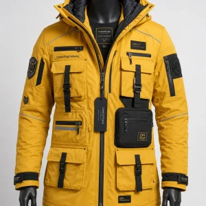 Front view of custom unisex explorer utility jacket manufactured for private label outdoor apparel brands