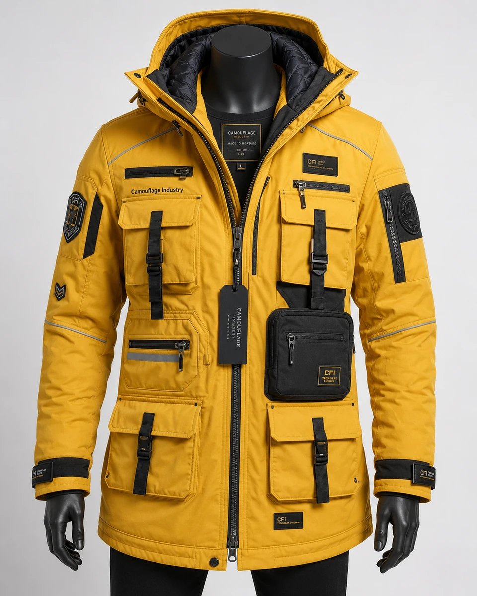Front view of custom unisex explorer utility jacket manufactured for private label outdoor apparel brands