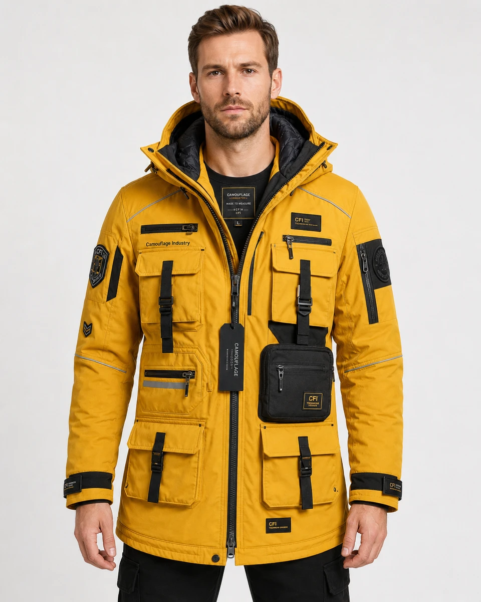 Front view of custom unisex explorer utility jacket manufactured for private label outdoor apparel brands
