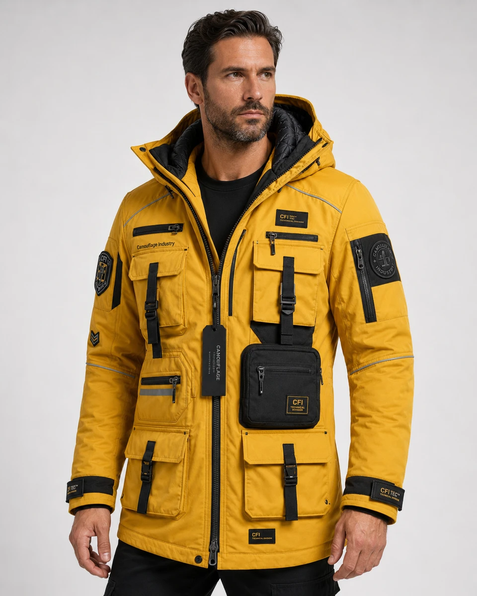 Side profile of premium explorer utility jacket with multiple functional pockets