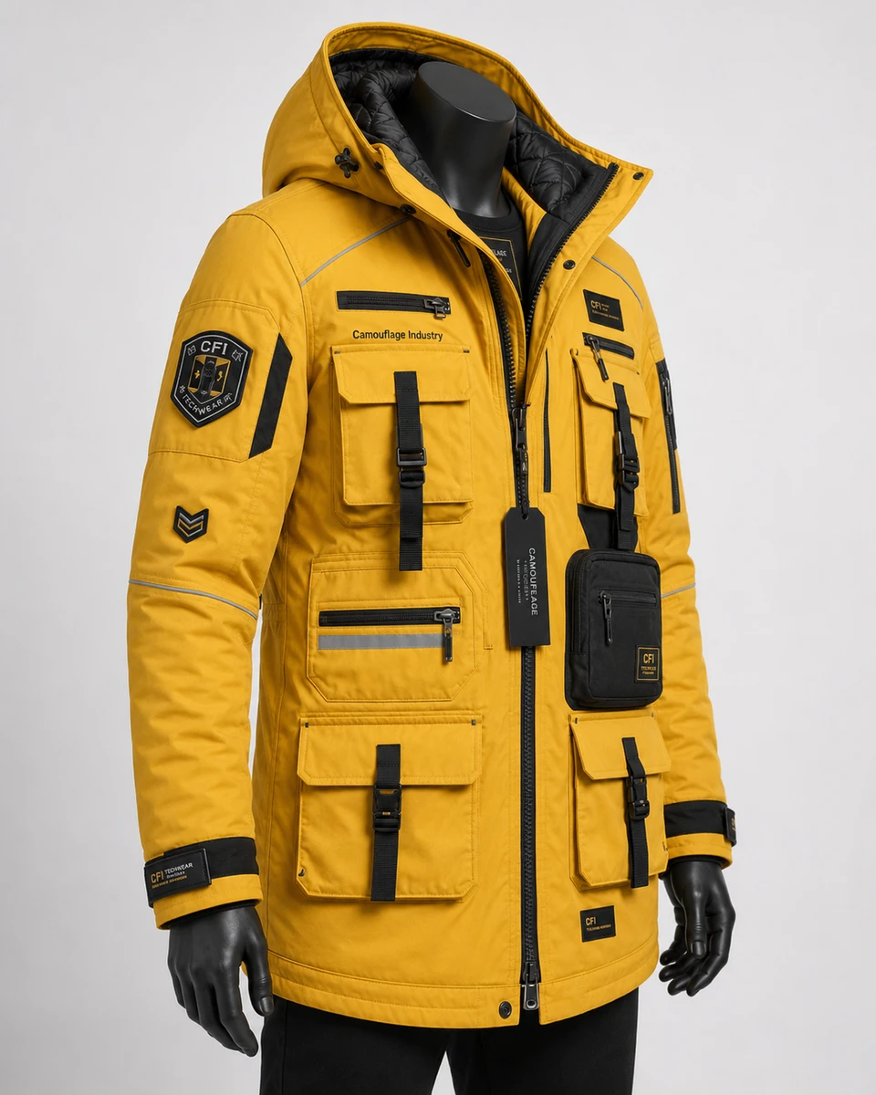 Side profile of premium explorer utility jacket with multiple functional pockets