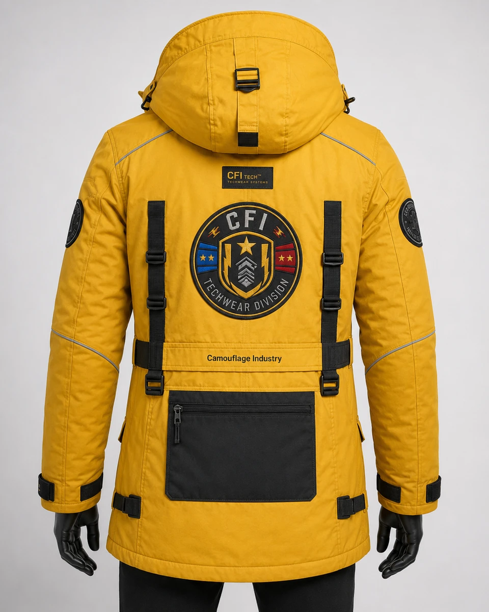 Back view of custom explorer utility jacket manufactured for OEM clothing brands
