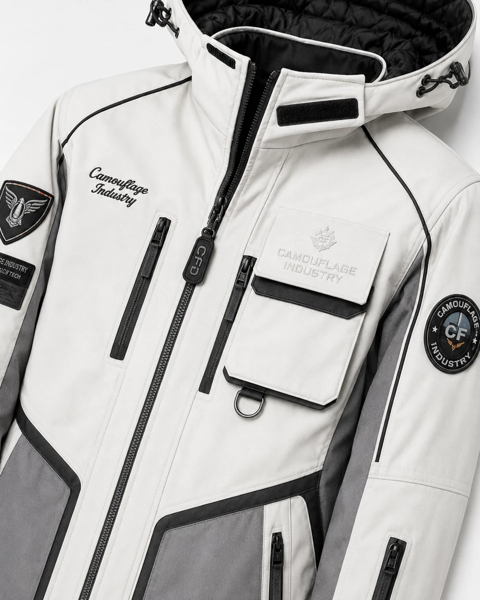 Close-up of premium zipper, reinforced stitching, and fabric on custom outdoor jacket