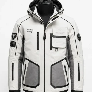 Front view of custom unisex outdoor jacket manufactured for private label outdoor apparel brands