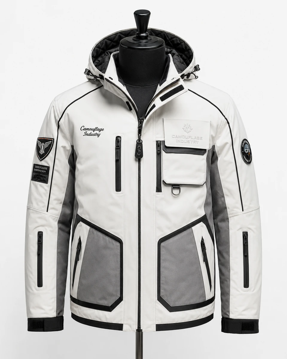 Front view of custom unisex outdoor jacket manufactured for private label outdoor apparel brands