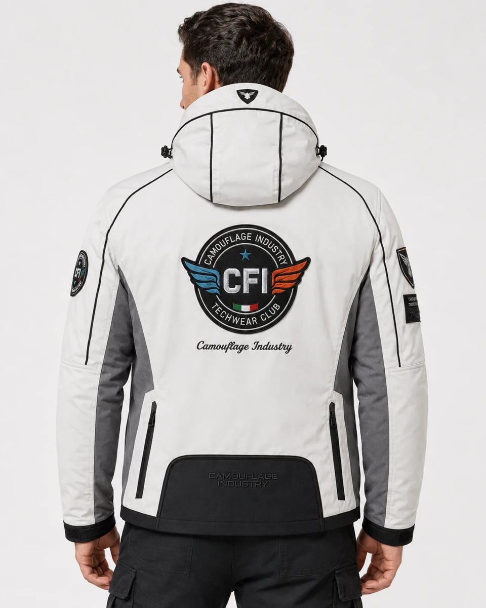 Back view of premium custom outdoor jacket for OEM manufacturing