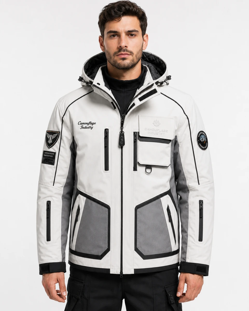 Front view of custom unisex outdoor jacket manufactured for private label outdoor apparel brands
