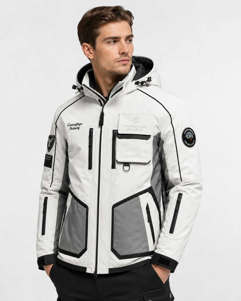 Side profile of custom outdoor jacket for private label clothing brands