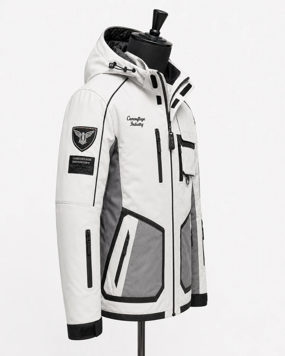 Side profile of custom outdoor jacket for private label clothing brands