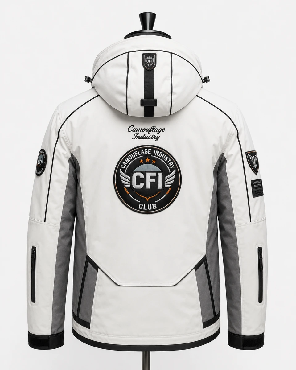 Back view of premium custom outdoor jacket for OEM manufacturing