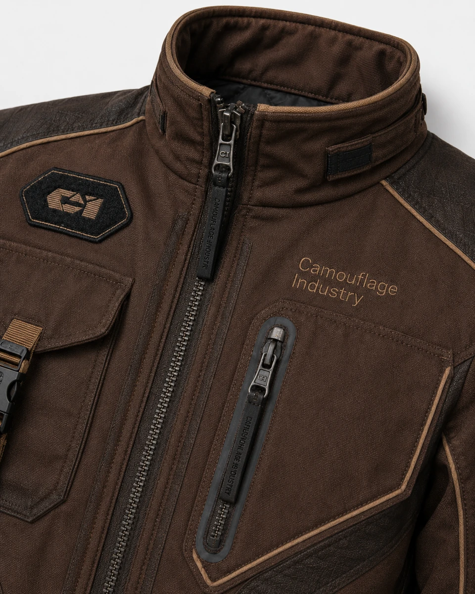Close-up of zipper, pocket construction, stitching, and fabric on tactical utility field jacket