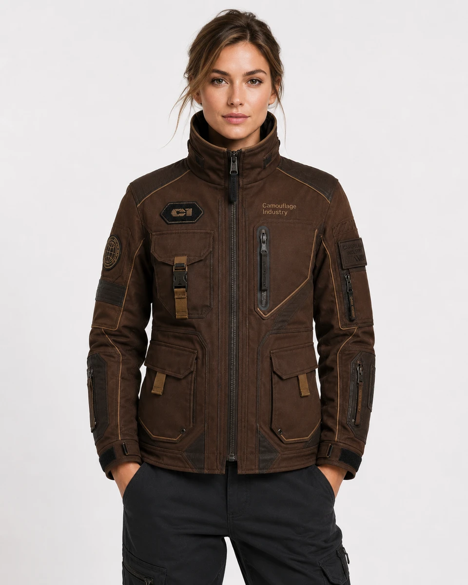 Front view of custom unisex tactical utility field jacket for private label apparel manufacturing