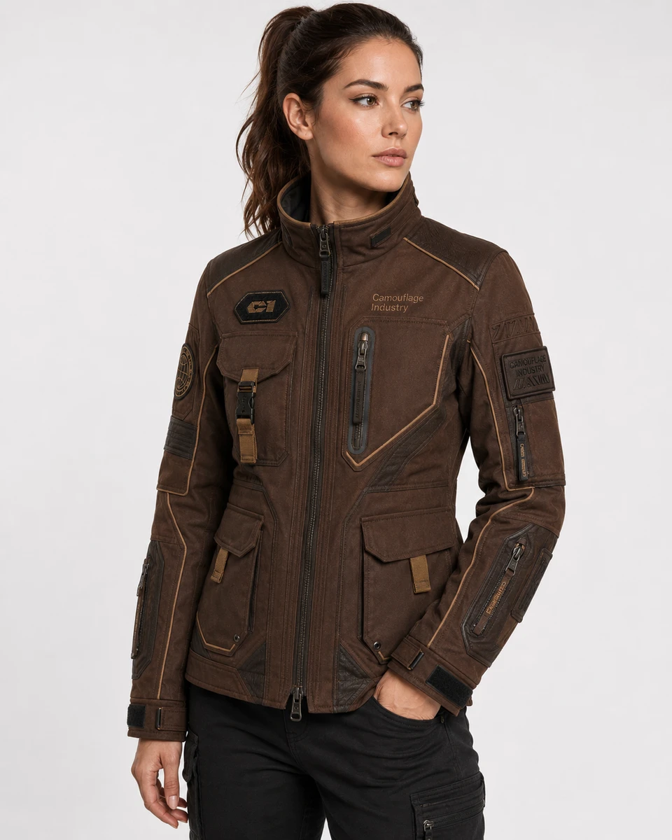 Side profile of custom tactical utility field jacket with functional pocket details